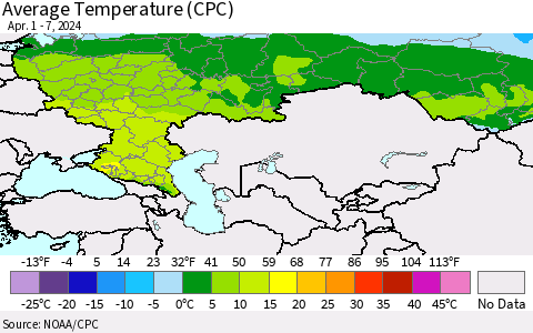 Russian Federation Average Temperature (CPC) Thematic Map For 4/1/2024 - 4/7/2024