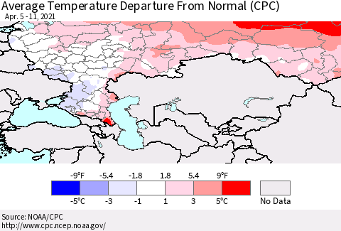 Russian Federation Average Temperature Departure from Normal (CPC) Thematic Map For 4/5/2021 - 4/11/2021