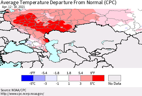 Russian Federation Average Temperature Departure from Normal (CPC) Thematic Map For 4/12/2021 - 4/18/2021