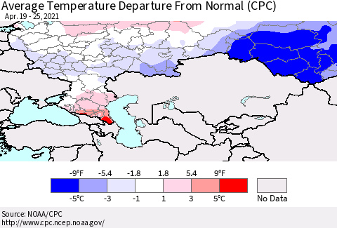Russian Federation Average Temperature Departure from Normal (CPC) Thematic Map For 4/19/2021 - 4/25/2021