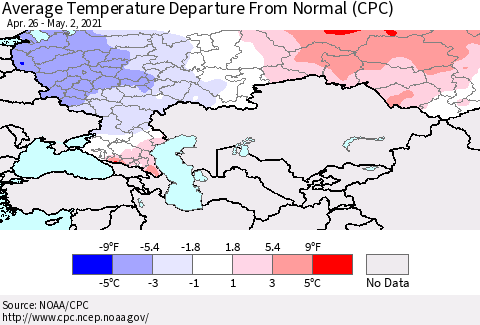 Russian Federation Average Temperature Departure from Normal (CPC) Thematic Map For 4/26/2021 - 5/2/2021