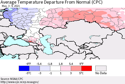 Russian Federation Average Temperature Departure from Normal (CPC) Thematic Map For 5/3/2021 - 5/9/2021