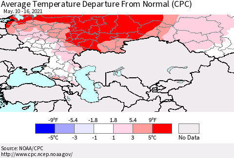 Russian Federation Average Temperature Departure from Normal (CPC) Thematic Map For 5/10/2021 - 5/16/2021