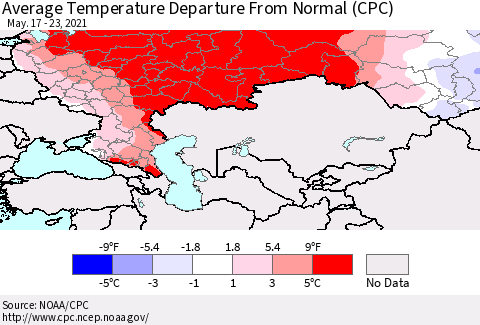 Russian Federation Average Temperature Departure from Normal (CPC) Thematic Map For 5/17/2021 - 5/23/2021
