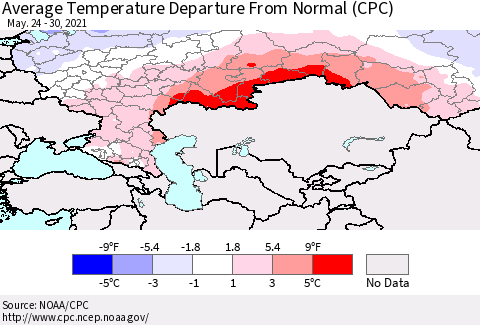 Russian Federation Average Temperature Departure from Normal (CPC) Thematic Map For 5/24/2021 - 5/30/2021