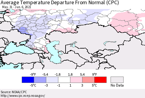 Russian Federation Average Temperature Departure from Normal (CPC) Thematic Map For 5/31/2021 - 6/6/2021