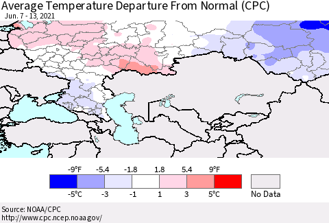 Russian Federation Average Temperature Departure from Normal (CPC) Thematic Map For 6/7/2021 - 6/13/2021