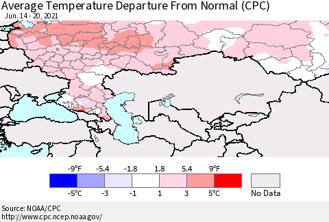 Russian Federation Average Temperature Departure from Normal (CPC) Thematic Map For 6/14/2021 - 6/20/2021