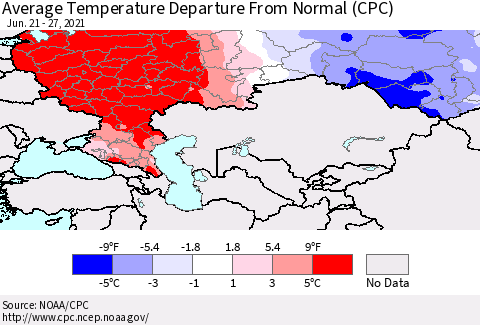 Russian Federation Average Temperature Departure from Normal (CPC) Thematic Map For 6/21/2021 - 6/27/2021