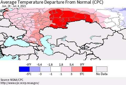Russian Federation Average Temperature Departure from Normal (CPC) Thematic Map For 6/28/2021 - 7/4/2021