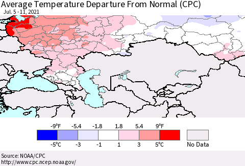 Russian Federation Average Temperature Departure from Normal (CPC) Thematic Map For 7/5/2021 - 7/11/2021