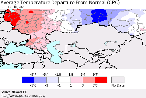 Russian Federation Average Temperature Departure from Normal (CPC) Thematic Map For 7/12/2021 - 7/18/2021