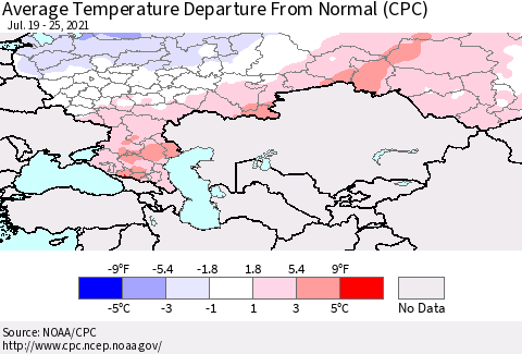 Russian Federation Average Temperature Departure from Normal (CPC) Thematic Map For 7/19/2021 - 7/25/2021