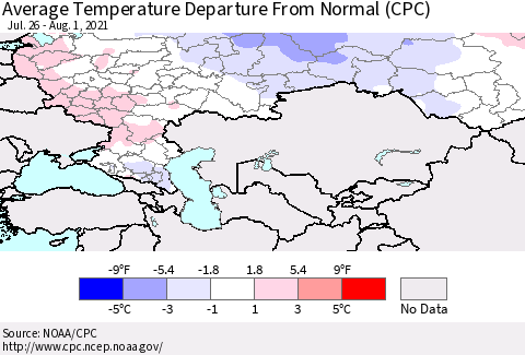 Russian Federation Average Temperature Departure from Normal (CPC) Thematic Map For 7/26/2021 - 8/1/2021