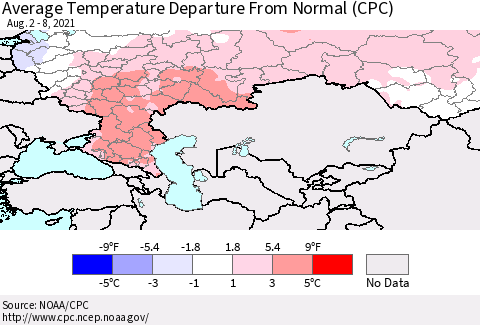 Russian Federation Average Temperature Departure from Normal (CPC) Thematic Map For 8/2/2021 - 8/8/2021