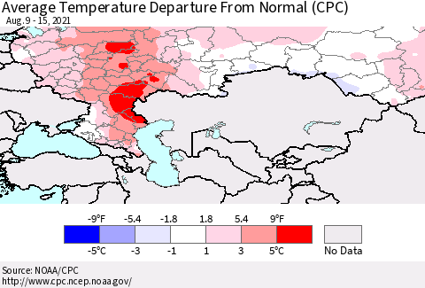 Russian Federation Average Temperature Departure from Normal (CPC) Thematic Map For 8/9/2021 - 8/15/2021