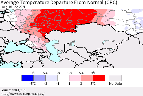 Russian Federation Average Temperature Departure from Normal (CPC) Thematic Map For 8/16/2021 - 8/22/2021