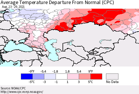 Russian Federation Average Temperature Departure from Normal (CPC) Thematic Map For 8/23/2021 - 8/29/2021