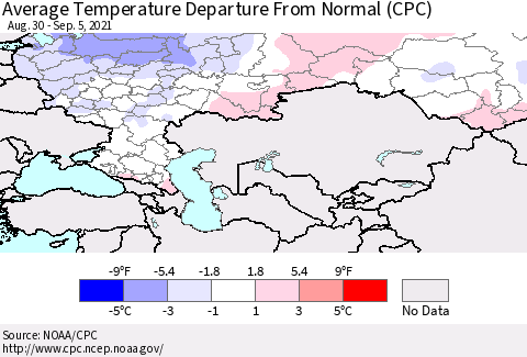 Russian Federation Average Temperature Departure from Normal (CPC) Thematic Map For 8/30/2021 - 9/5/2021