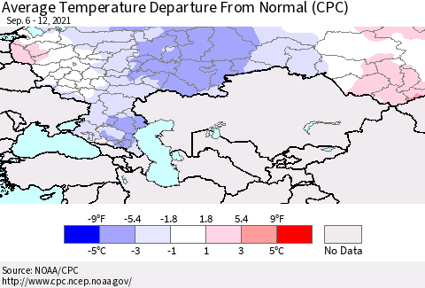 Russian Federation Average Temperature Departure from Normal (CPC) Thematic Map For 9/6/2021 - 9/12/2021