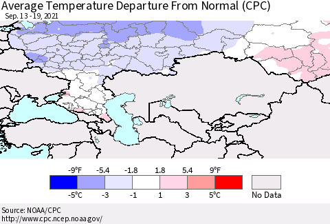 Russian Federation Average Temperature Departure from Normal (CPC) Thematic Map For 9/13/2021 - 9/19/2021
