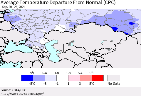 Russian Federation Average Temperature Departure from Normal (CPC) Thematic Map For 9/20/2021 - 9/26/2021