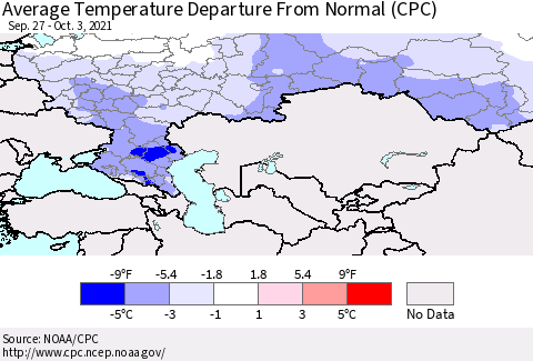 Russian Federation Average Temperature Departure from Normal (CPC) Thematic Map For 9/27/2021 - 10/3/2021