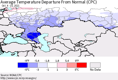 Russian Federation Average Temperature Departure from Normal (CPC) Thematic Map For 10/4/2021 - 10/10/2021
