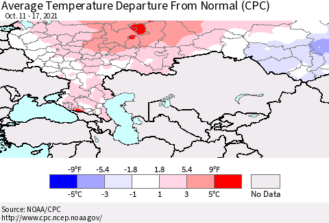 Russian Federation Average Temperature Departure from Normal (CPC) Thematic Map For 10/11/2021 - 10/17/2021