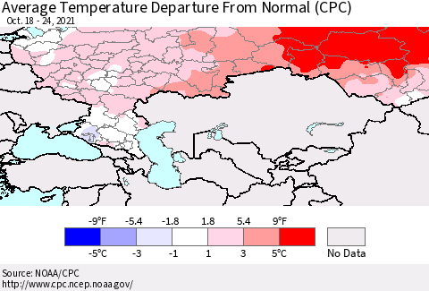 Russian Federation Average Temperature Departure from Normal (CPC) Thematic Map For 10/18/2021 - 10/24/2021