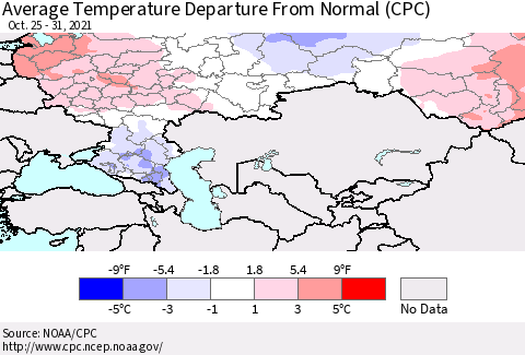 Russian Federation Average Temperature Departure from Normal (CPC) Thematic Map For 10/25/2021 - 10/31/2021