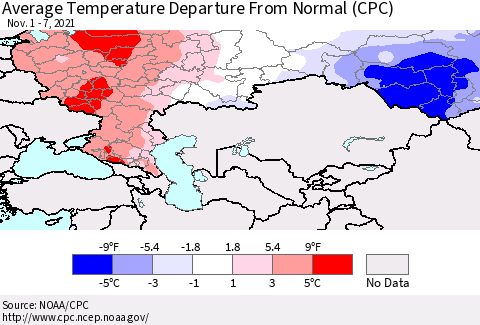 Russian Federation Average Temperature Departure from Normal (CPC) Thematic Map For 11/1/2021 - 11/7/2021