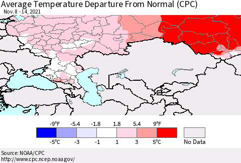 Russian Federation Average Temperature Departure from Normal (CPC) Thematic Map For 11/8/2021 - 11/14/2021