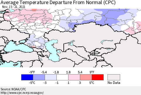 Russian Federation Average Temperature Departure from Normal (CPC) Thematic Map For 11/15/2021 - 11/21/2021