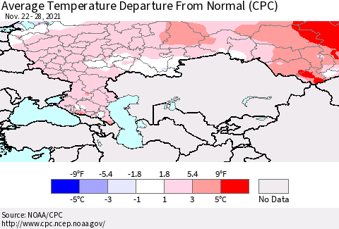 Russian Federation Average Temperature Departure from Normal (CPC) Thematic Map For 11/22/2021 - 11/28/2021