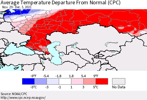 Russian Federation Average Temperature Departure from Normal (CPC) Thematic Map For 11/29/2021 - 12/5/2021