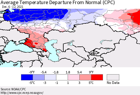 Russian Federation Average Temperature Departure from Normal (CPC) Thematic Map For 12/6/2021 - 12/12/2021