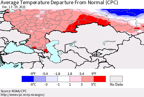 Russian Federation Average Temperature Departure from Normal (CPC) Thematic Map For 12/13/2021 - 12/19/2021