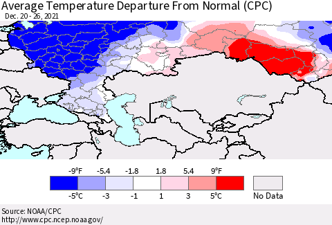 Russian Federation Average Temperature Departure from Normal (CPC) Thematic Map For 12/20/2021 - 12/26/2021
