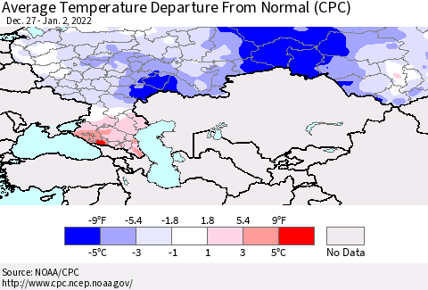 Russian Federation Average Temperature Departure from Normal (CPC) Thematic Map For 12/27/2021 - 1/2/2022