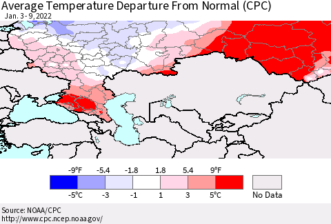 Russian Federation Average Temperature Departure from Normal (CPC) Thematic Map For 1/3/2022 - 1/9/2022