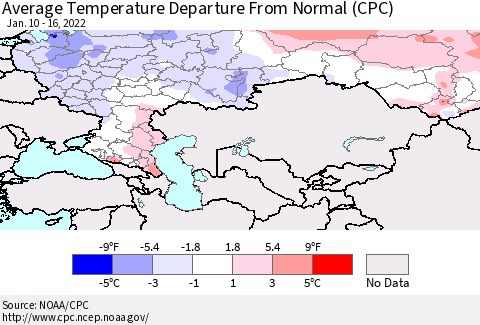 Russian Federation Average Temperature Departure from Normal (CPC) Thematic Map For 1/10/2022 - 1/16/2022