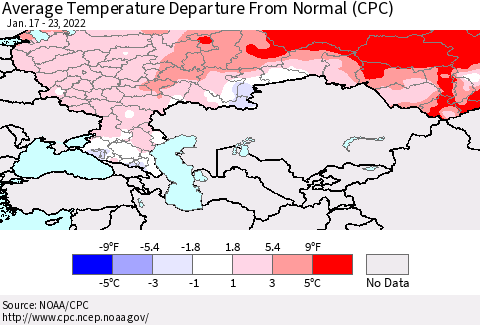 Russian Federation Average Temperature Departure from Normal (CPC) Thematic Map For 1/17/2022 - 1/23/2022