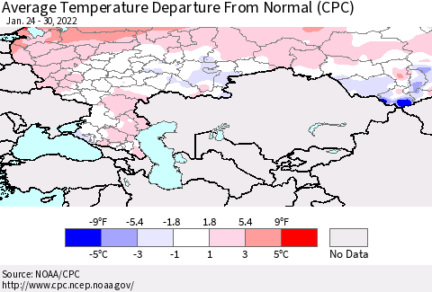 Russian Federation Average Temperature Departure from Normal (CPC) Thematic Map For 1/24/2022 - 1/30/2022