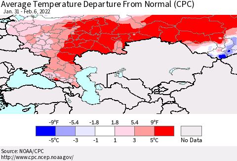 Russian Federation Average Temperature Departure from Normal (CPC) Thematic Map For 1/31/2022 - 2/6/2022