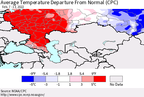 Russian Federation Average Temperature Departure from Normal (CPC) Thematic Map For 2/7/2022 - 2/13/2022
