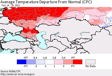 Russian Federation Average Temperature Departure from Normal (CPC) Thematic Map For 2/14/2022 - 2/20/2022