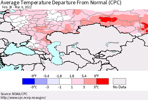 Russian Federation Average Temperature Departure from Normal (CPC) Thematic Map For 2/28/2022 - 3/6/2022