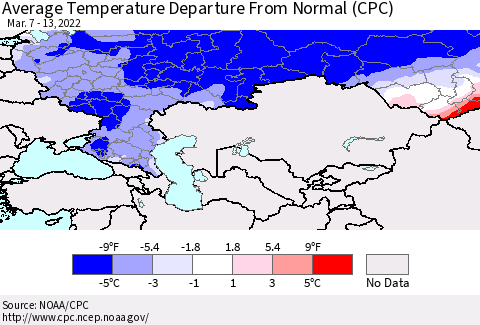 Russian Federation Average Temperature Departure from Normal (CPC) Thematic Map For 3/7/2022 - 3/13/2022