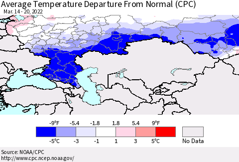 Russian Federation Average Temperature Departure from Normal (CPC) Thematic Map For 3/14/2022 - 3/20/2022
